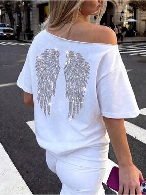 Sequin Embroidered Angel Wings Asymmetrical Shoulder Loose T-Shirt